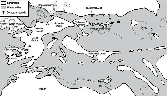 Карта находок китов, похожих на Ваsilotritus uheni. Рисунок из статьи